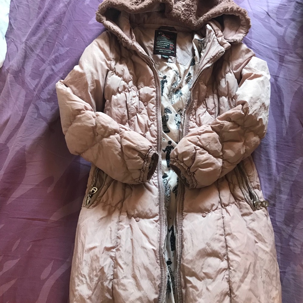cute long down coat with pink bear ear! Size: xs